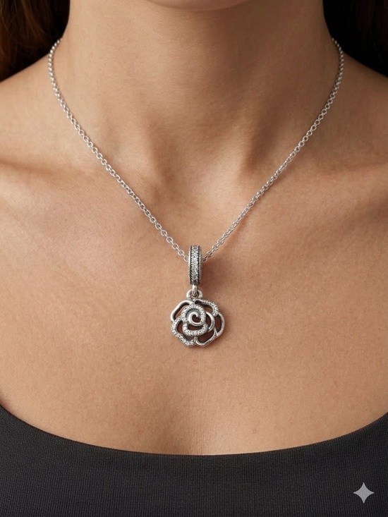 Pandora Jewelry - Pandora sterling Silver Necklace with shimmering rose charm